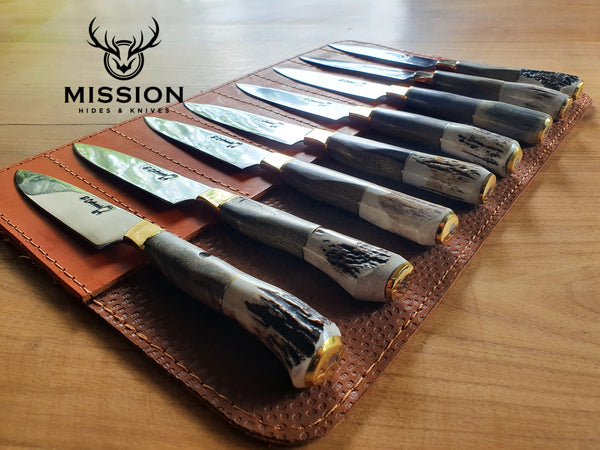 STEAK KNIVES SET x 8 Stainless Steel  Deer Horn Handle Mission Argentina. C210x8
