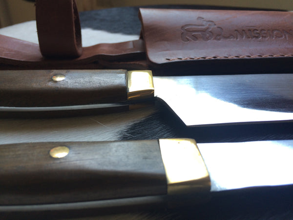 Argentine Gaucho Asado  Wood Barbecue Set Knife Fork Sharpener. Stainless Steel. 11" Blade . Mission Argentina.