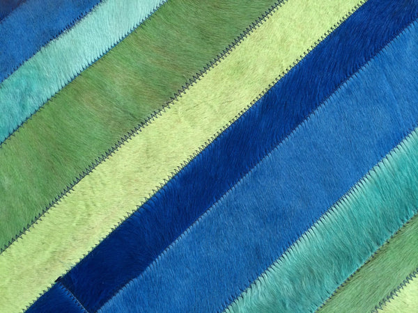 Cowhide Patchwork Rug. Dyed. BLUE/GREEN STRIPES. 4.6 ft x 6.0 ft Amazing Design Peau de Vache. Piel de Vaca
