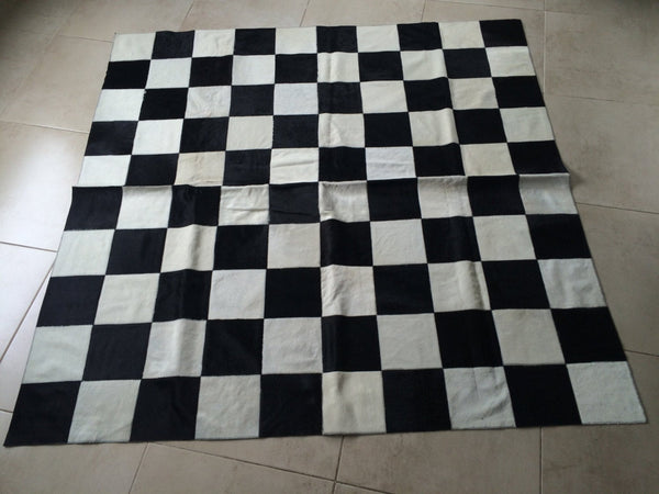 Cowhide Patchwork Rug.  BLACK WHITE CHECKERS!! Amazing Design! 6.6 ft x 6.6 ft! Squares 8 ". a244