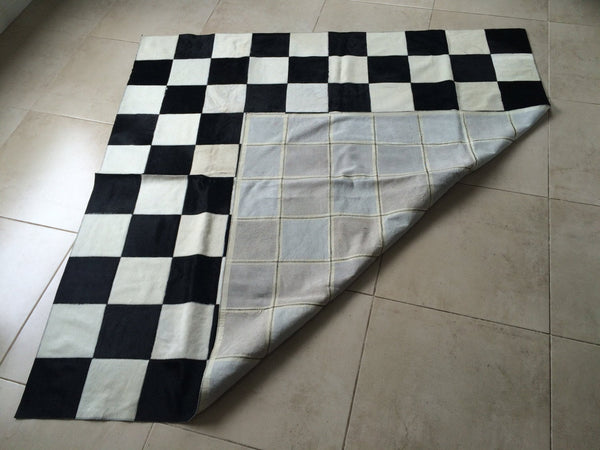 Cowhide Patchwork Rug.  BLACK WHITE CHECKERS!! Amazing Design! 6.6 ft x 6.6 ft! Squares 8 ". a244