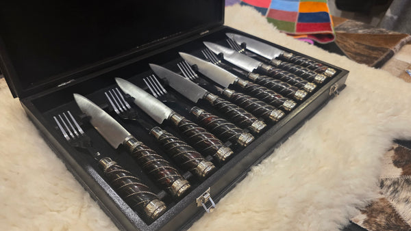 Steak Knives Set x 6 Forks & knives Wooden Box Juego de Cuchillos Asado. Premium. Mission Argentina