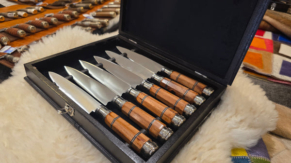 STEAK KNIVES SET x 6  Wooden Box Handmade  Premium Stainless Steel  Mission Argentina.