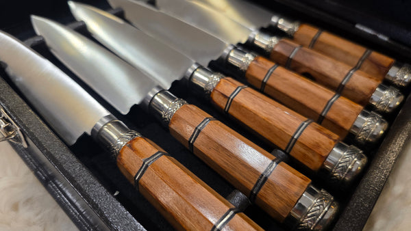 STEAK KNIVES SET x 6  Wooden Box Handmade  Premium Stainless Steel  Mission Argentina.