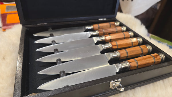 STEAK KNIVES SET x 6  Wooden Box Handmade  Premium Stainless Steel  Mission Argentina.