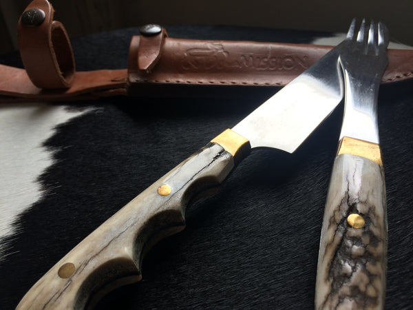 Argentine Gaucho Barbecue Set Asado Deer Horn Knife Fork Sharpener Stainless Steel 6.3" Blade Mission Argentina.
