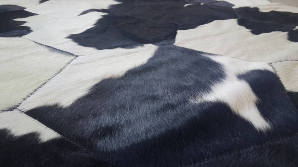 Cowhide Patchwork Rug. HEXAGON DESIGN Black Brown White ! Amazing!. 7.1 x 5.6 ft