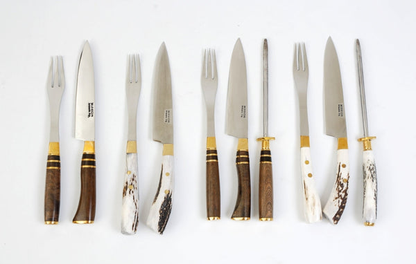 Argentine Gaucho Asado  Deer Horn Barbecue Set Knife Fork Sharpener. Stainless Steel. 11" Blade . Mission Argentina.
