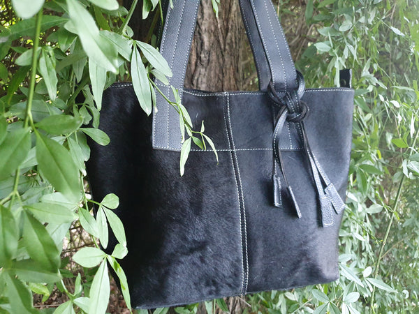 BLACK HANDBAG Cowhide Purse Unique Piece Cow Hide Handbag. Leather Bag.