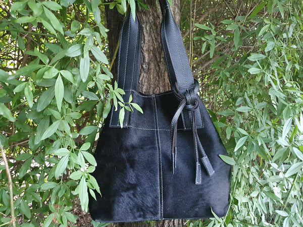 BLACK HANDBAG Cowhide Purse Unique Piece Cow Hide Handbag. Leather Bag.