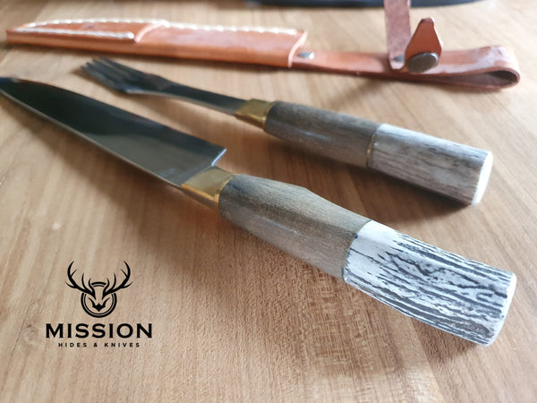 Argentine Gaucho Barbecue Set Asado Deer Horn Knife Fork Stainless Steel 7.6" Blade Mission Argentina.