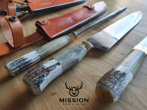 Argentine Gaucho CARVING SET DEER Horn Knife Fork Sharpener Stainless Steel  11" Blade Mission Argentina.
