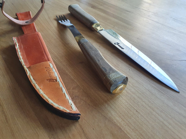Argentine Gaucho Asado  Barbecue Set Knife Fork Stainless Steel. 8" Blade . Mission Argentina.