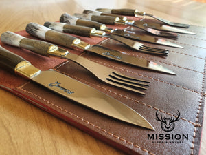 Argentine Gaucho STEAK KNIVES / FORK Set x 8 Deer Horn Stainless Steel  Mission Argentina.