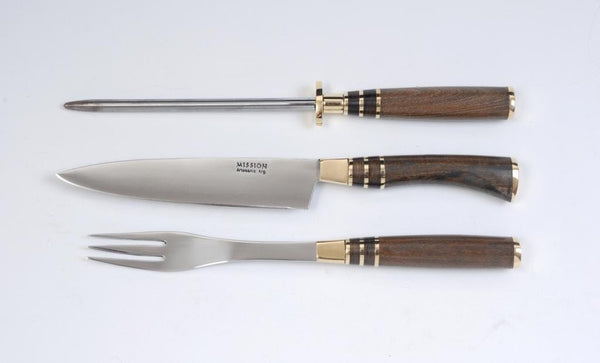 Barbecue Set Knife Fork & Sharpener. Carving Steak. Mission Argentina. Gaucho Knives