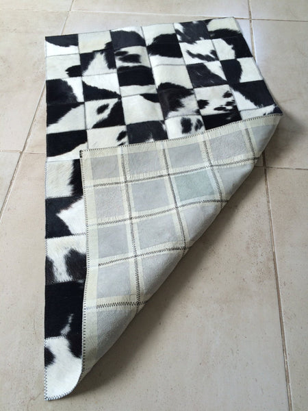 Cowhide Patchwork Bedside Rug.  BLACK & WHITE!! Amazing! 2 ft x 3.3 ft! 4" Squares. A238