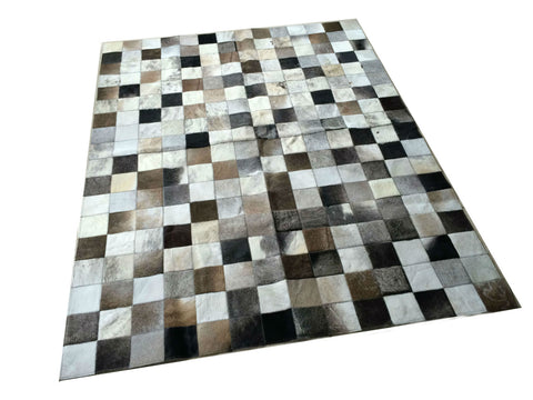 Cowhide Patchwork Rug.  GRAYS/BROWNS!! Amazing Design! 4.6 x 6 ft! 4 "Squares. A236