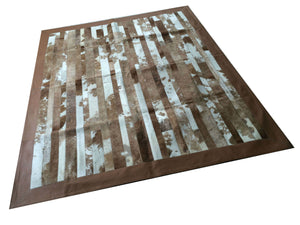 Cowhide Patchwork Rug.  BROWN STRIPES!! Amazing Design! 5.2 ft x 6.6 ft! Leather Frame 4 ". A243