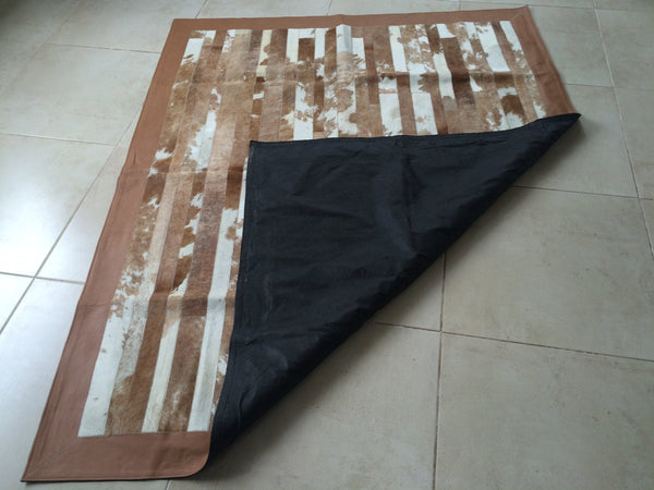 Cowhide Patchwork Rug.  BROWN STRIPES!! Amazing Design! 5.2 ft x 6.6 ft! Leather Frame 4 ". A243