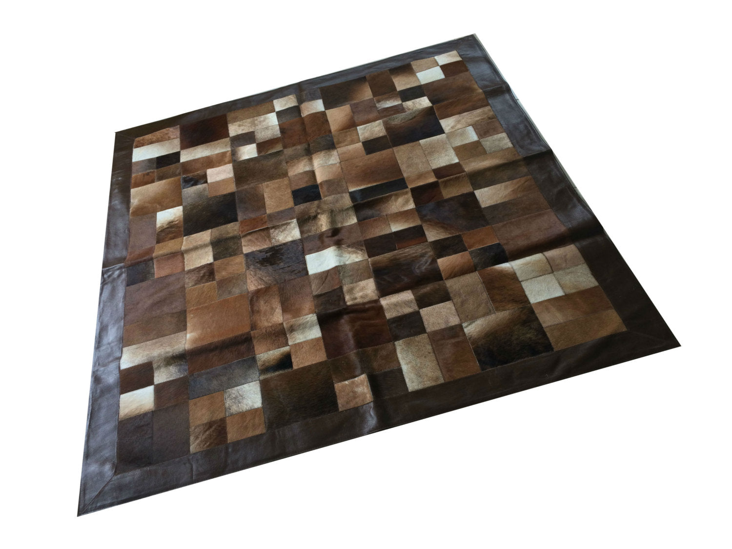 Cowhide Patchwork Rug.  BROWN MULTIFORM!! Amazing Design! 5.2 ft x 6.6 ft! Leather Frame 4 ". A245