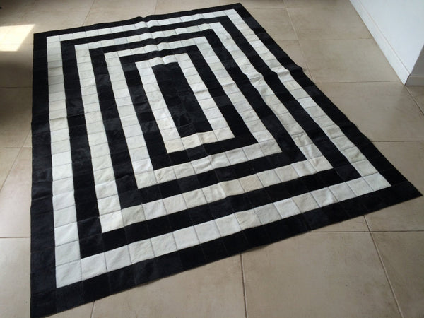 Cowhide Patchwork Rug BLACK WHITE !! 6 ft  x 8 ft. 4" Squares Amazing Design! a257