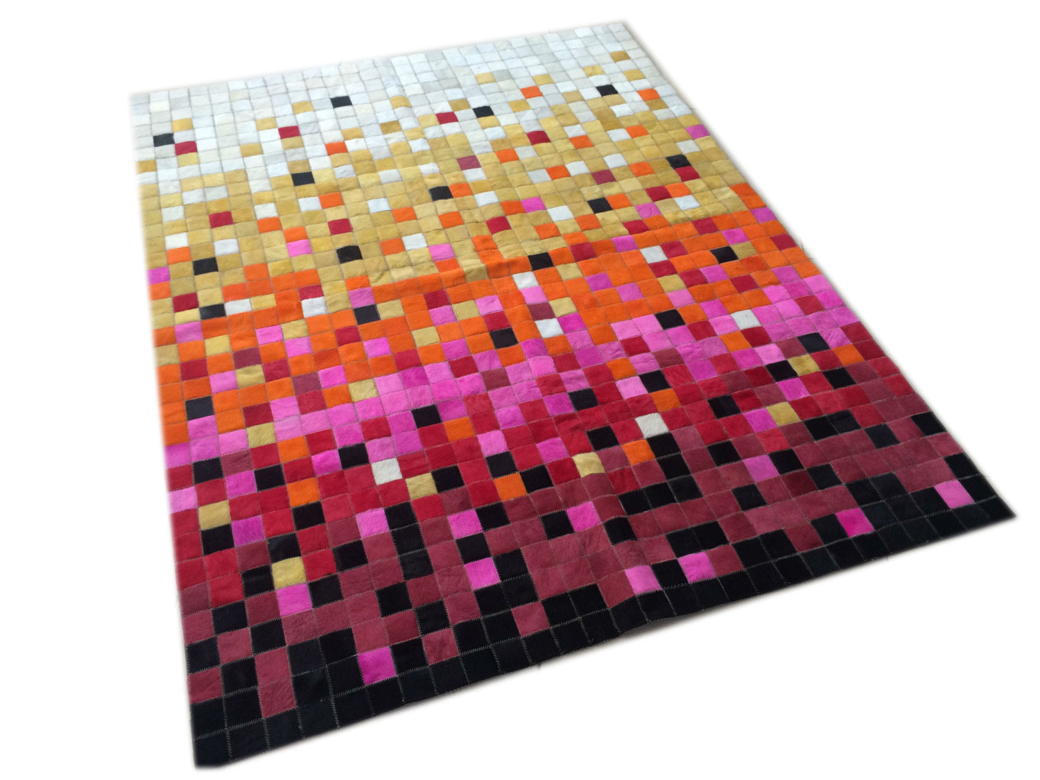 Cowhide Patchwork Rug. FUCHSIA FADE!! Amazing Design!. 4.6 ft x 6 ft/2 "Squares