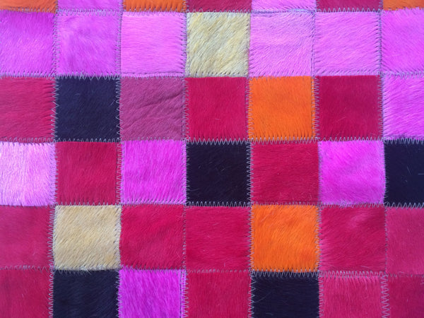 Cowhide Patchwork Rug. FUCHSIA FADE!! Amazing Design!. 4.6 ft x 6 ft/2 "Squares
