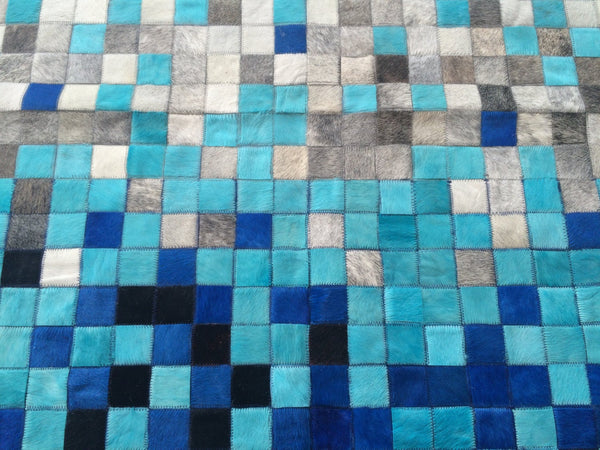 Cowhide Patchwork Rug. BLUE FADE!! Amazing Design!. 4.6 ft x 6 ft/2 "Squares