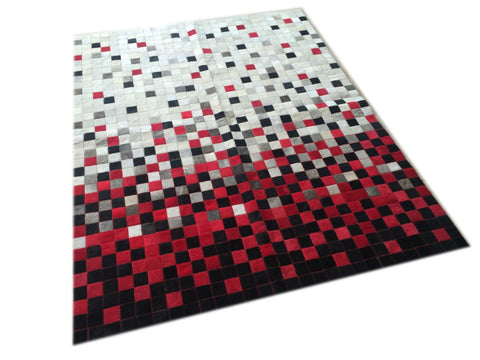 Cowhide Patchwork Rug. RED FADE!! Amazing Design!. 4.6 ft x 6 ft/2 "Squares